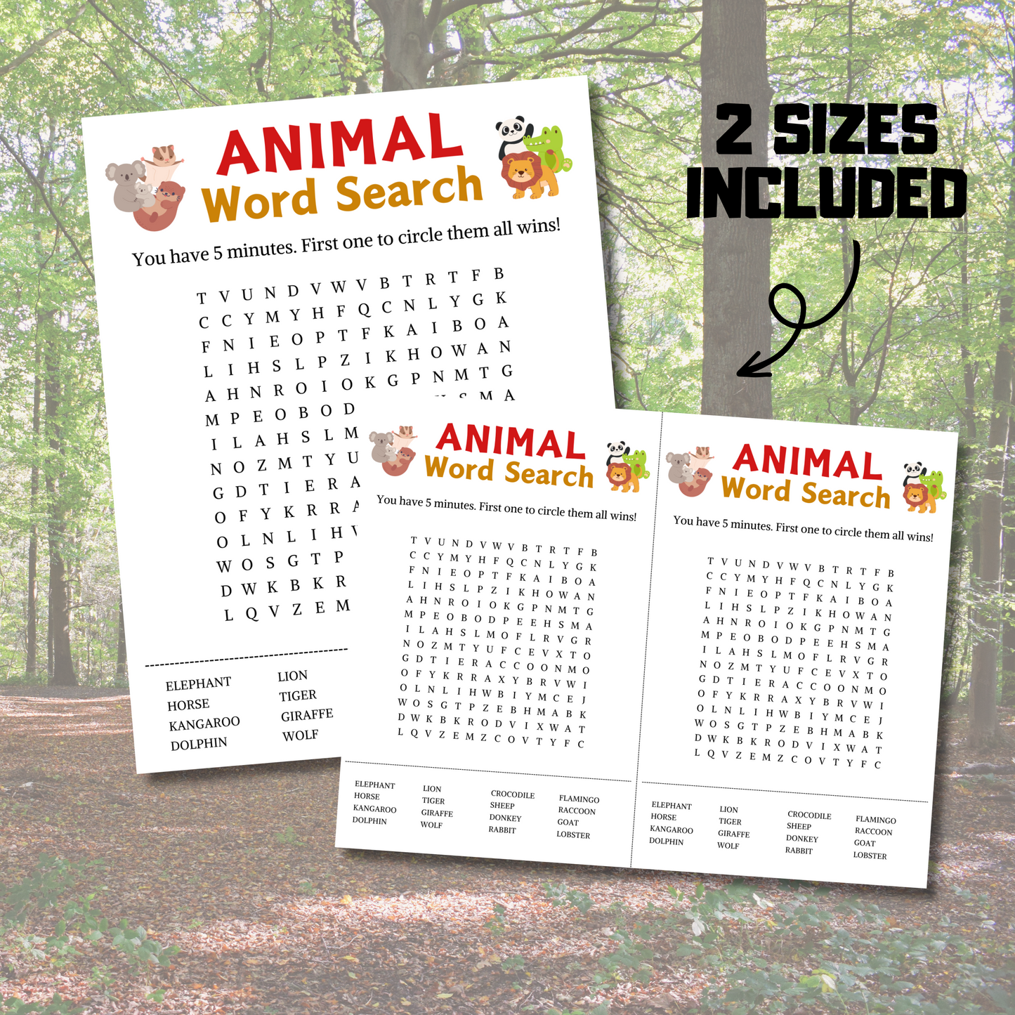 Animal Word Search Game | Minimalist Animal Party Word Find Game