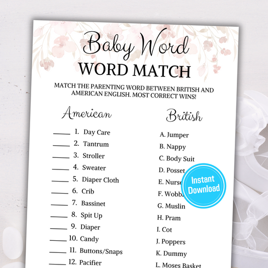 Baby Shower Baby Word Match Game | British and American English Game