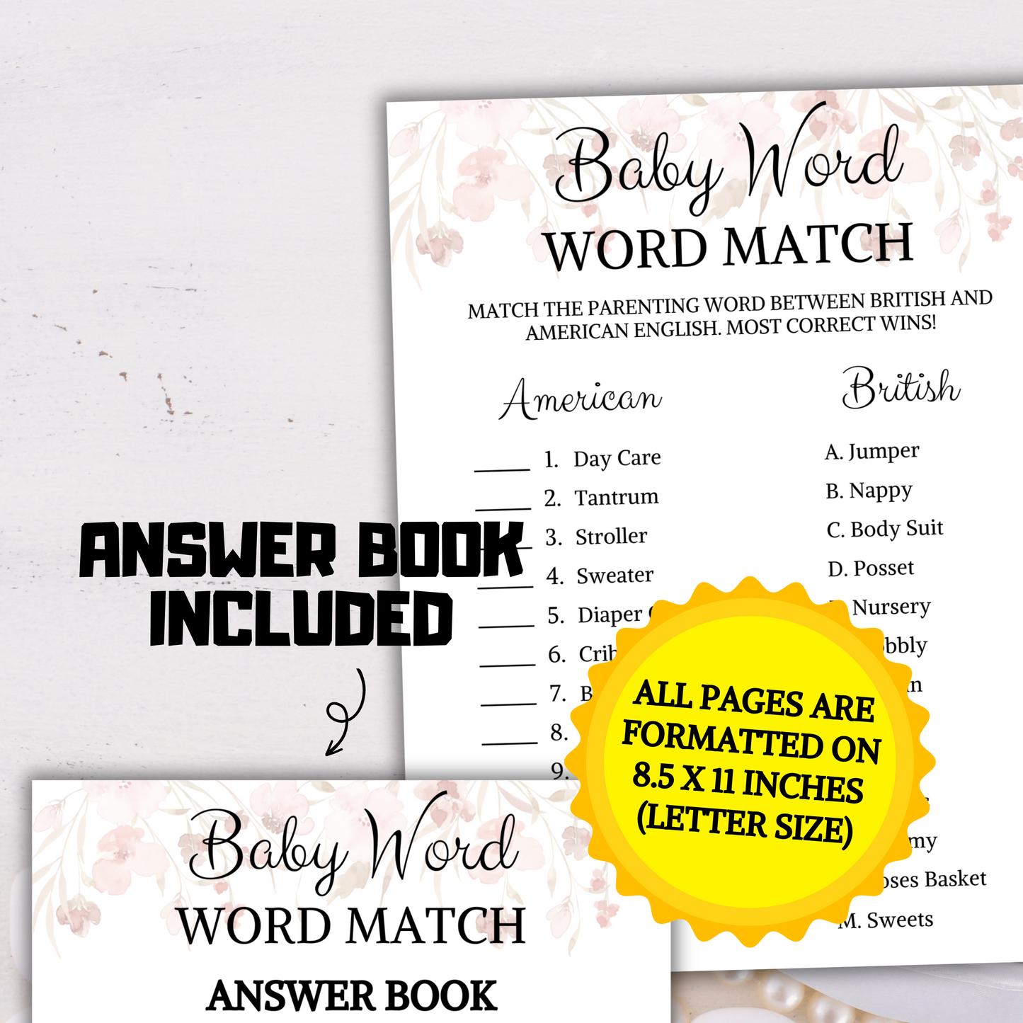 Baby Shower Baby Word Match Game | British and American English Game