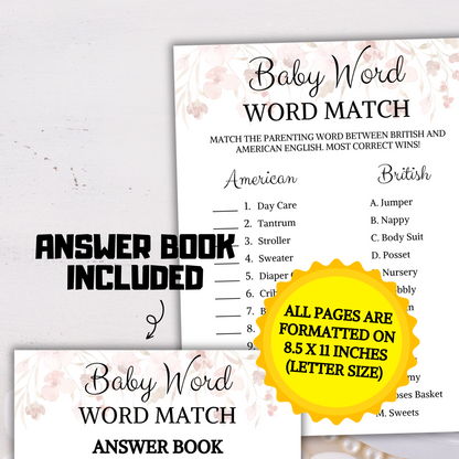 Baby Shower Baby Word Match Game | British and American English Game