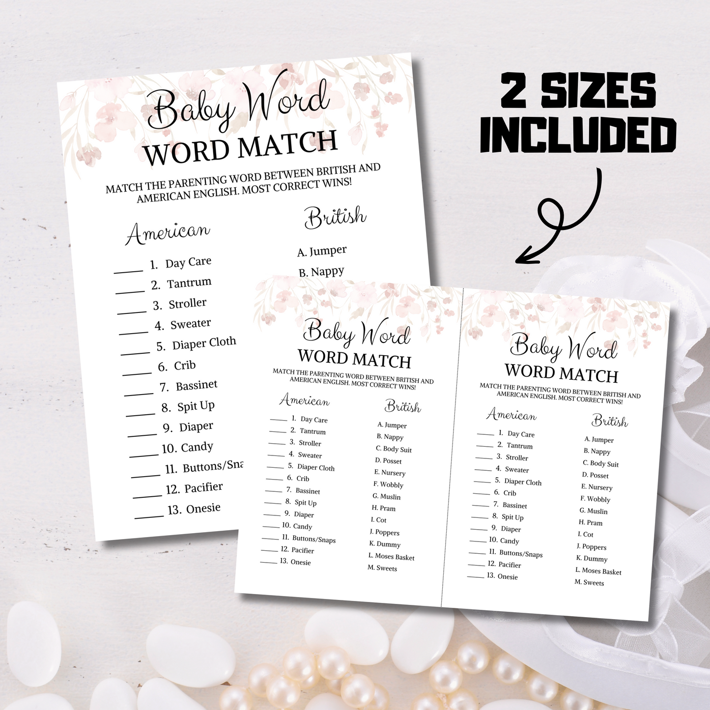 Baby Shower Baby Word Match Game | British and American English Game