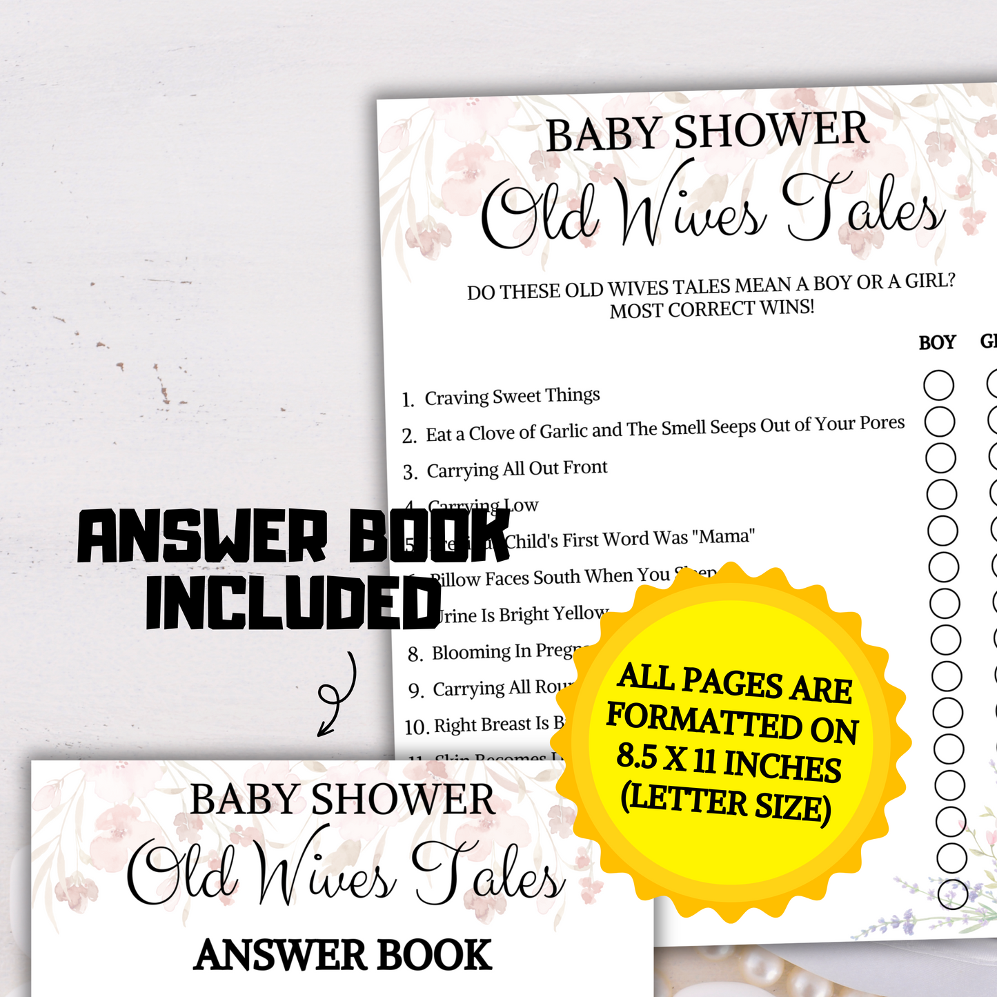 Baby Shower Old Wives Tales Game | Boy or Girl Baby Shower Activity