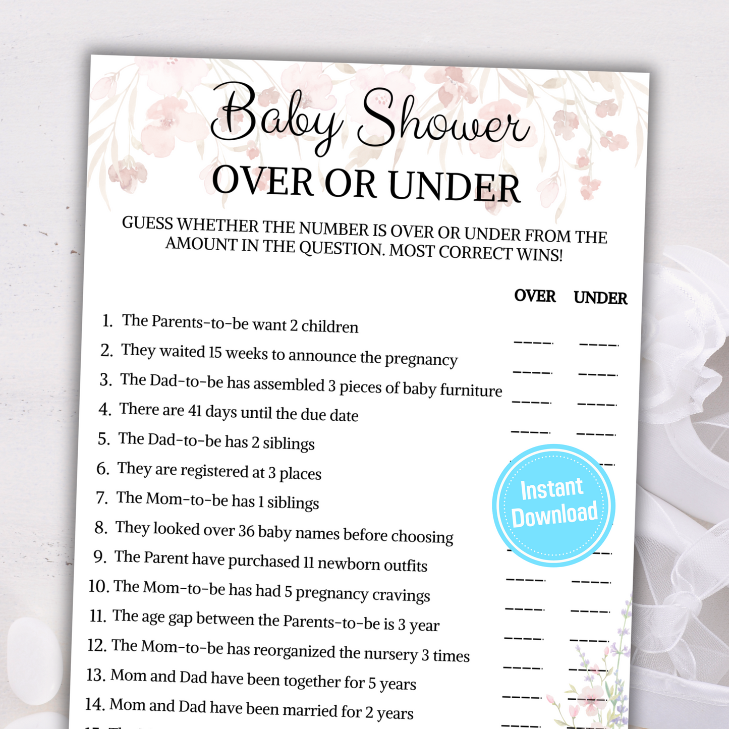 Baby Shower Over Or Under Game | Over or Under Trivia Game