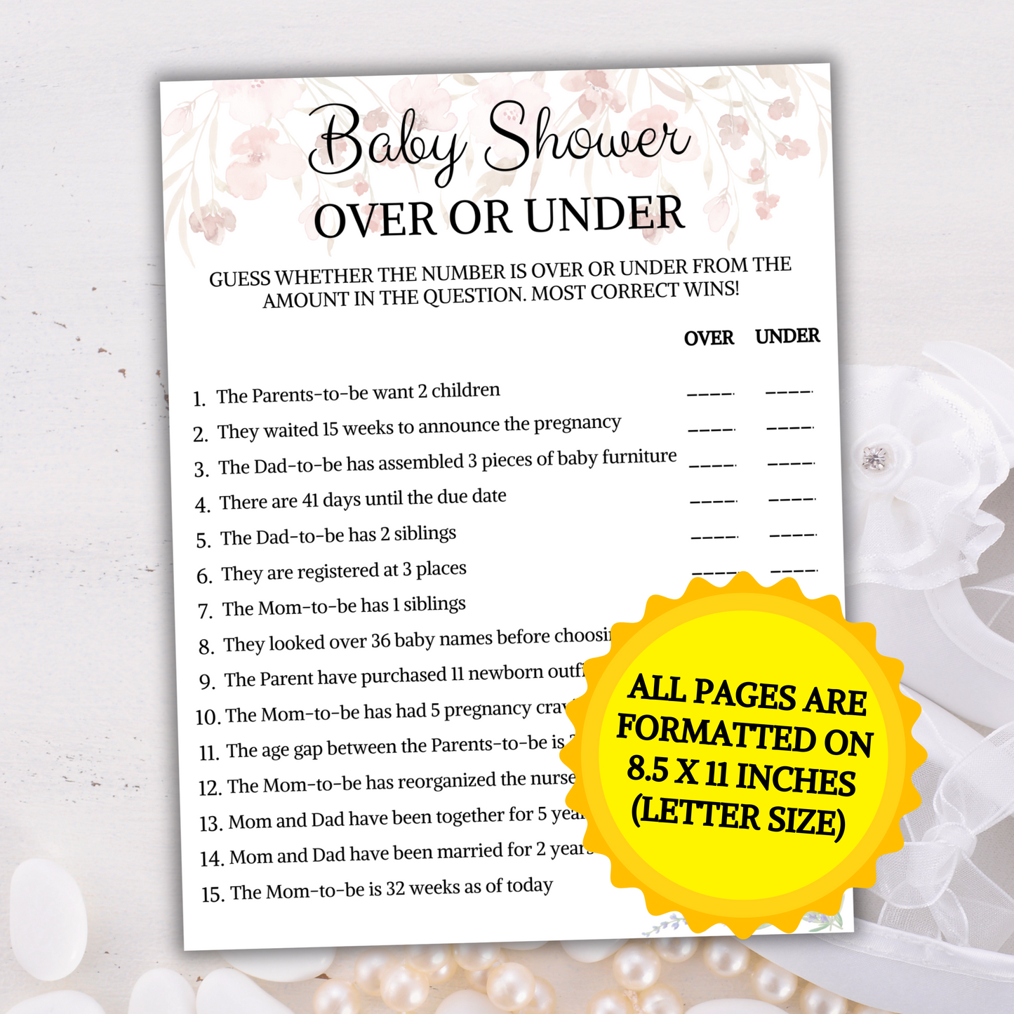 Baby Shower Over Or Under Game | Over or Under Trivia Game