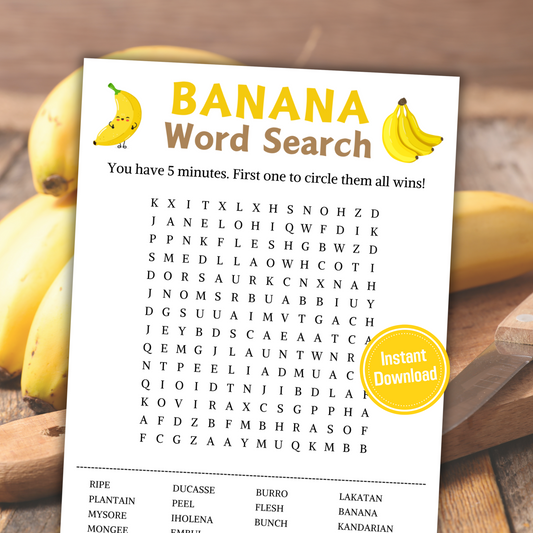 Banana Word Search Game | Minimalist Banana Party Word Find Game