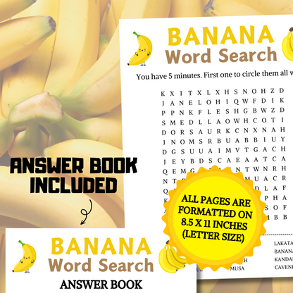 Banana Word Search Game | Minimalist Banana Party Word Find Game