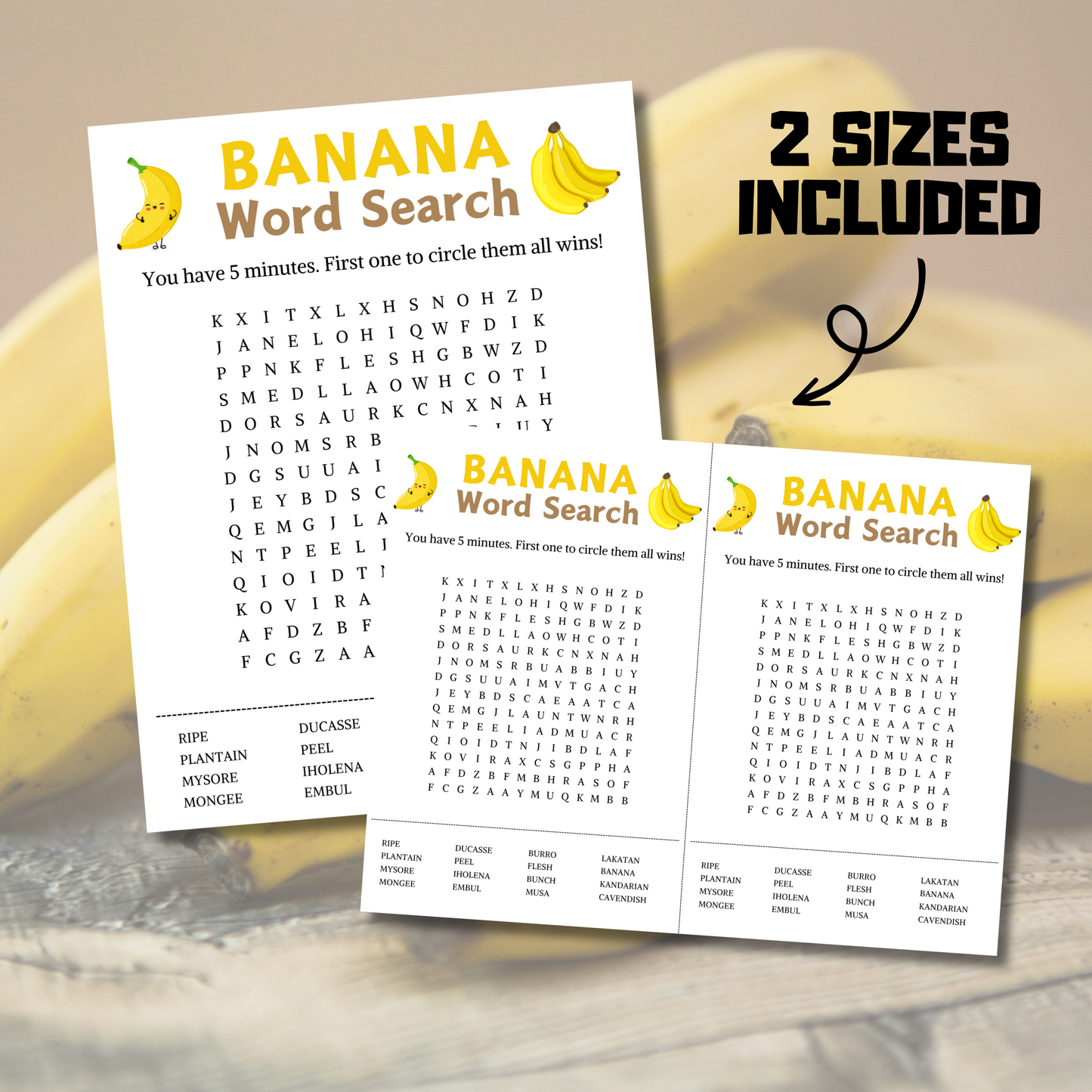 Banana Word Search Game | Minimalist Banana Party Word Find Game