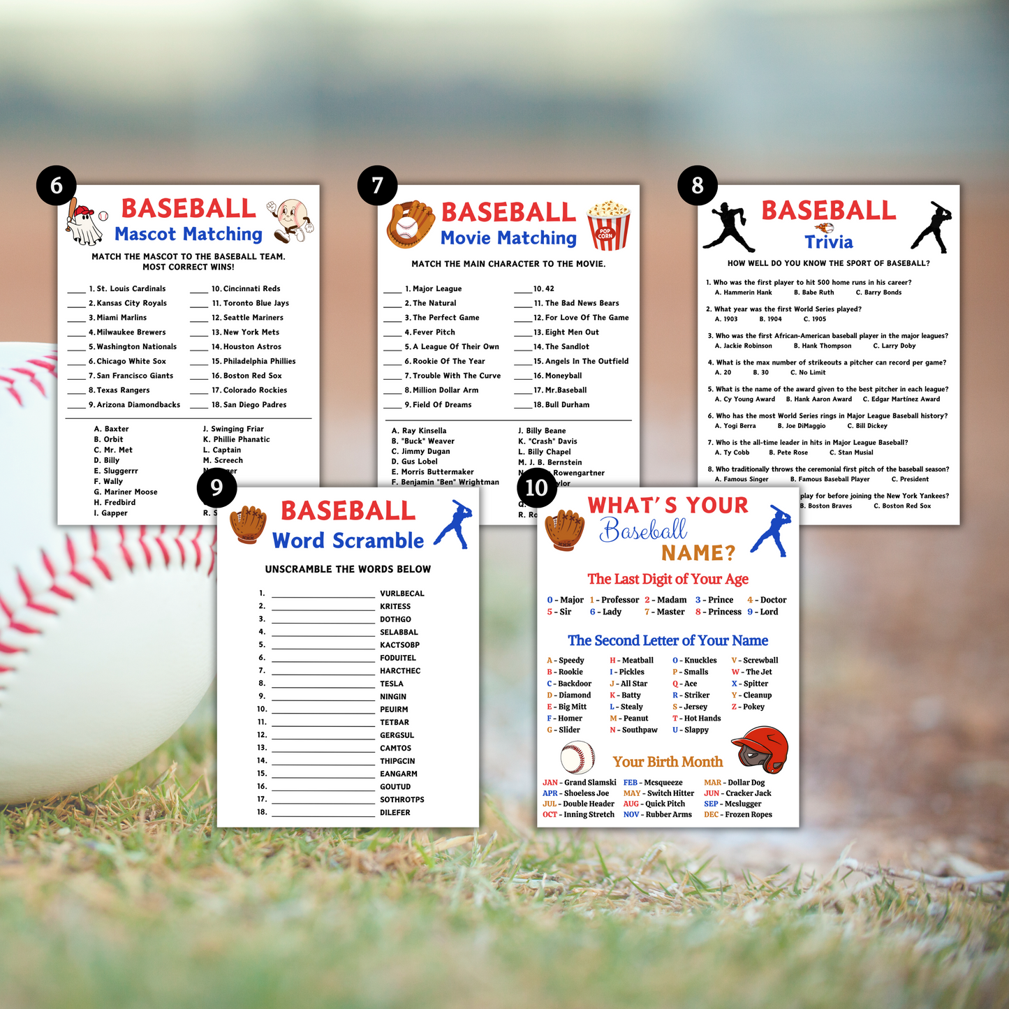 Baseball Games Bundle | Printable Baseball Team Party Game