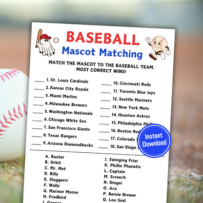 Baseball Mascot Matching Game | Printable Baseball Trivia Game