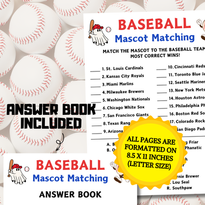 Baseball Mascot Matching Game | Printable Baseball Trivia Game