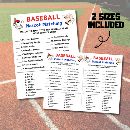 Baseball Mascot Matching Game | Printable Baseball Trivia Game