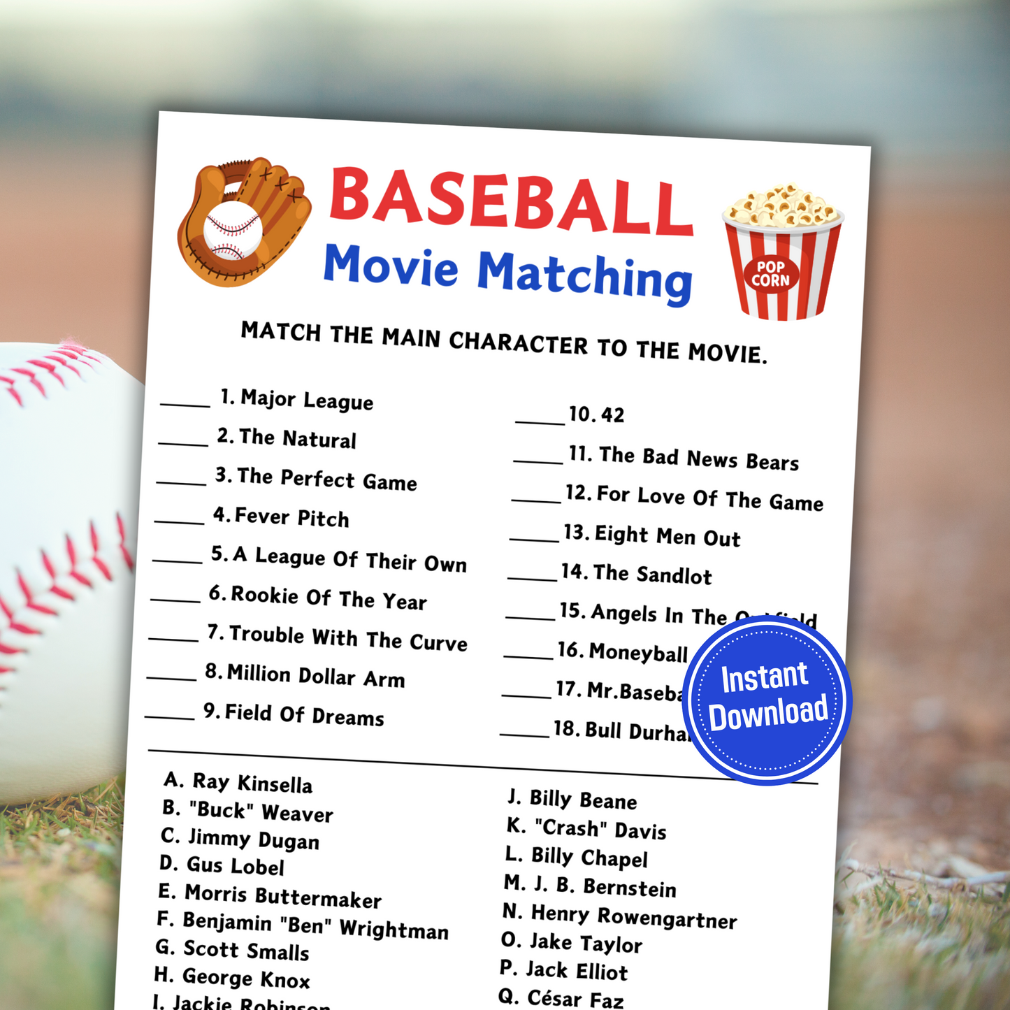 Baseball Movie Matching Game | Baseball Movie Match Up Trivia Game