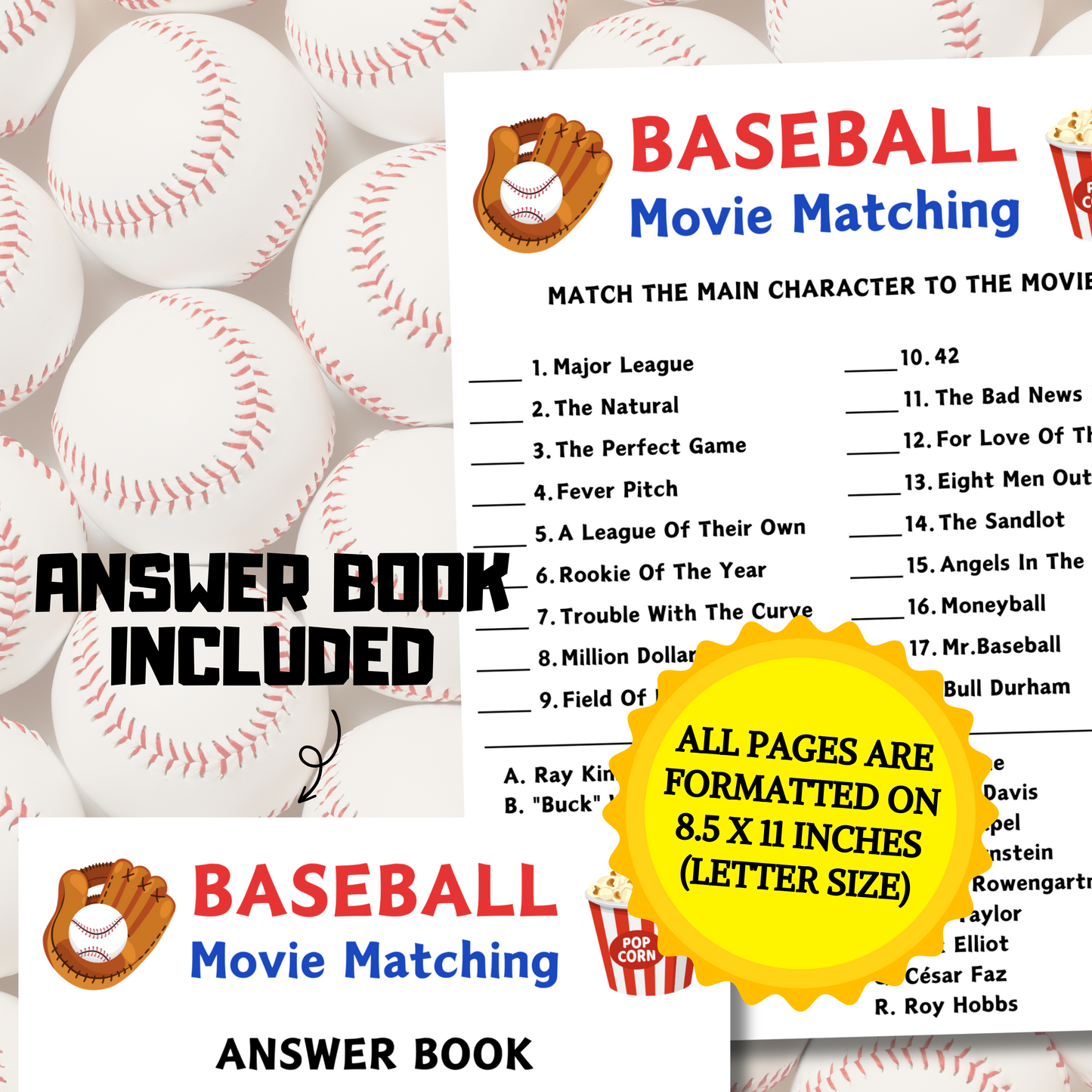 Baseball Movie Matching Game | Baseball Movie Match Up Trivia Game