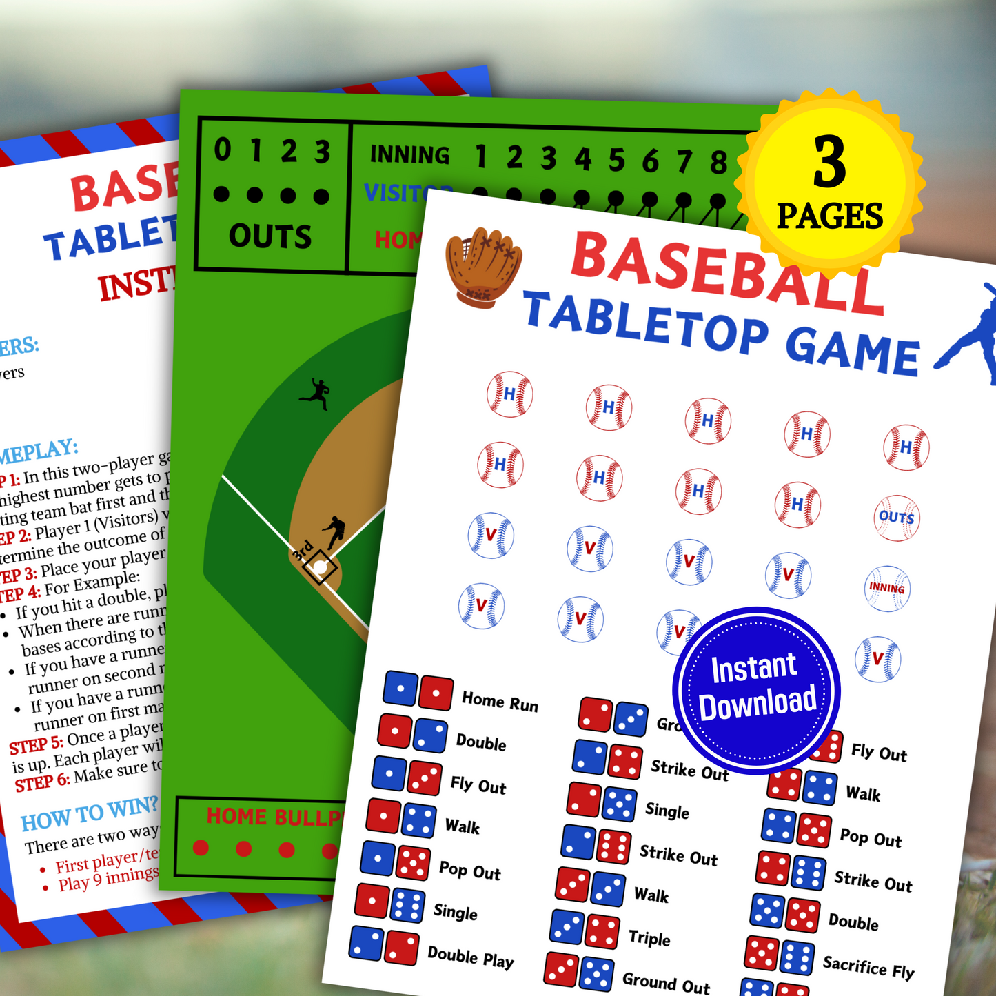 Baseball Tabletop Game | Printable Baseball Dice Game