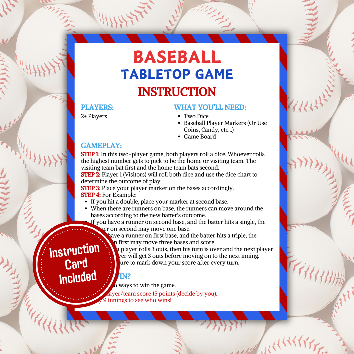 Baseball Tabletop Game | Printable Baseball Dice Game