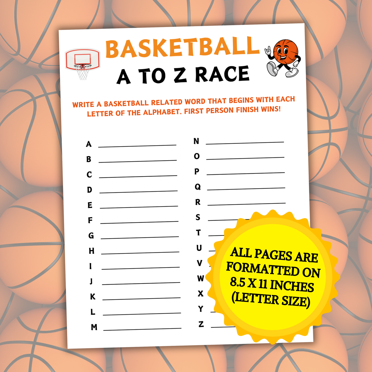 Basketball A To Z Race Game | Printable Basketball Alphabet Game