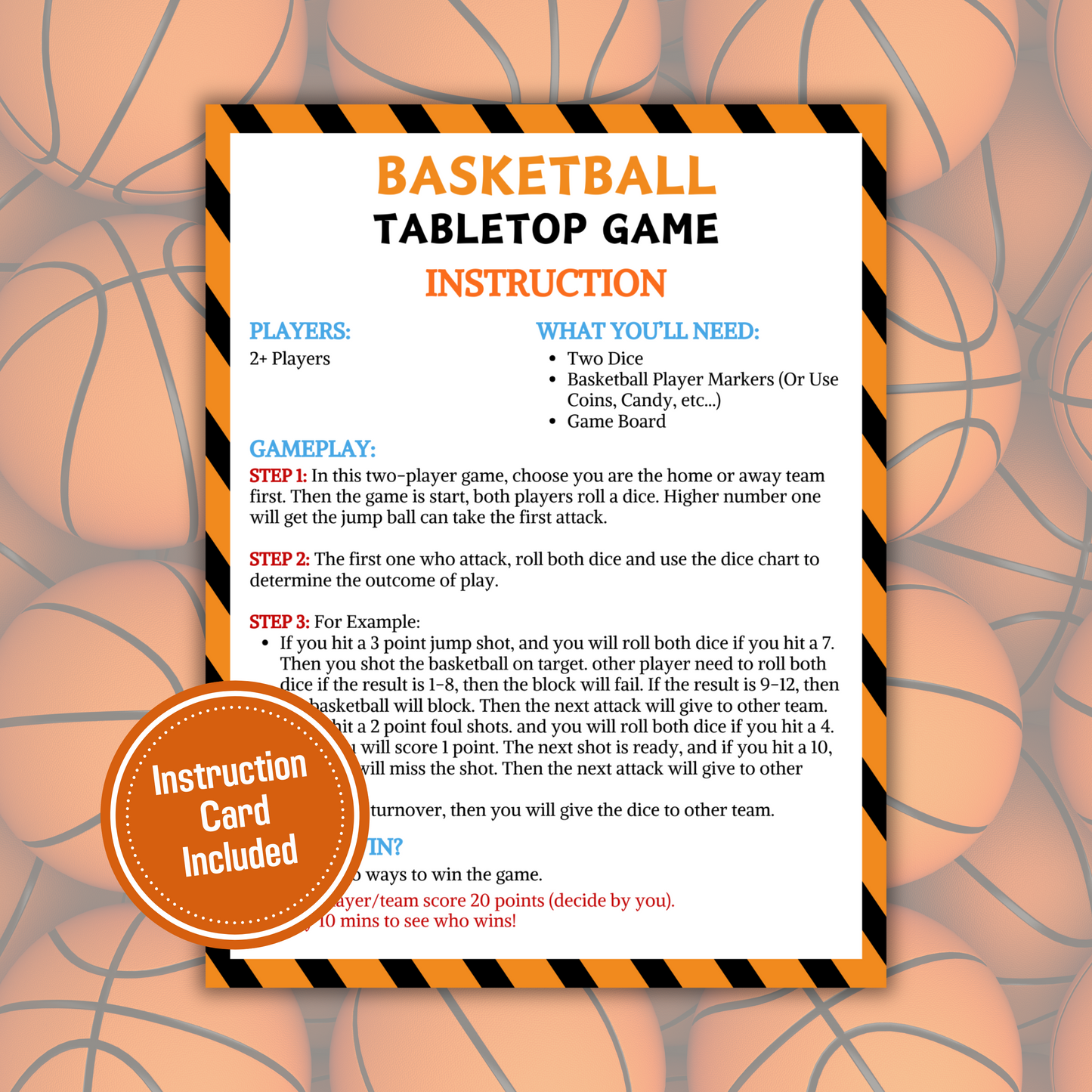 Basketball Tabletop Game | Printable Basketball Dice Game