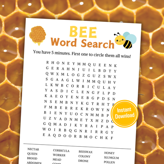 Bee Word Search Game | Minimalist Bee Party Word Find Game