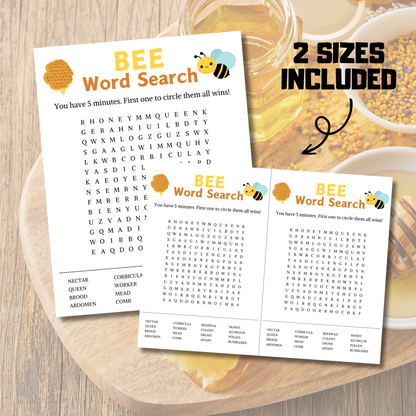 Bee Word Search Game | Minimalist Bee Party Word Find Game