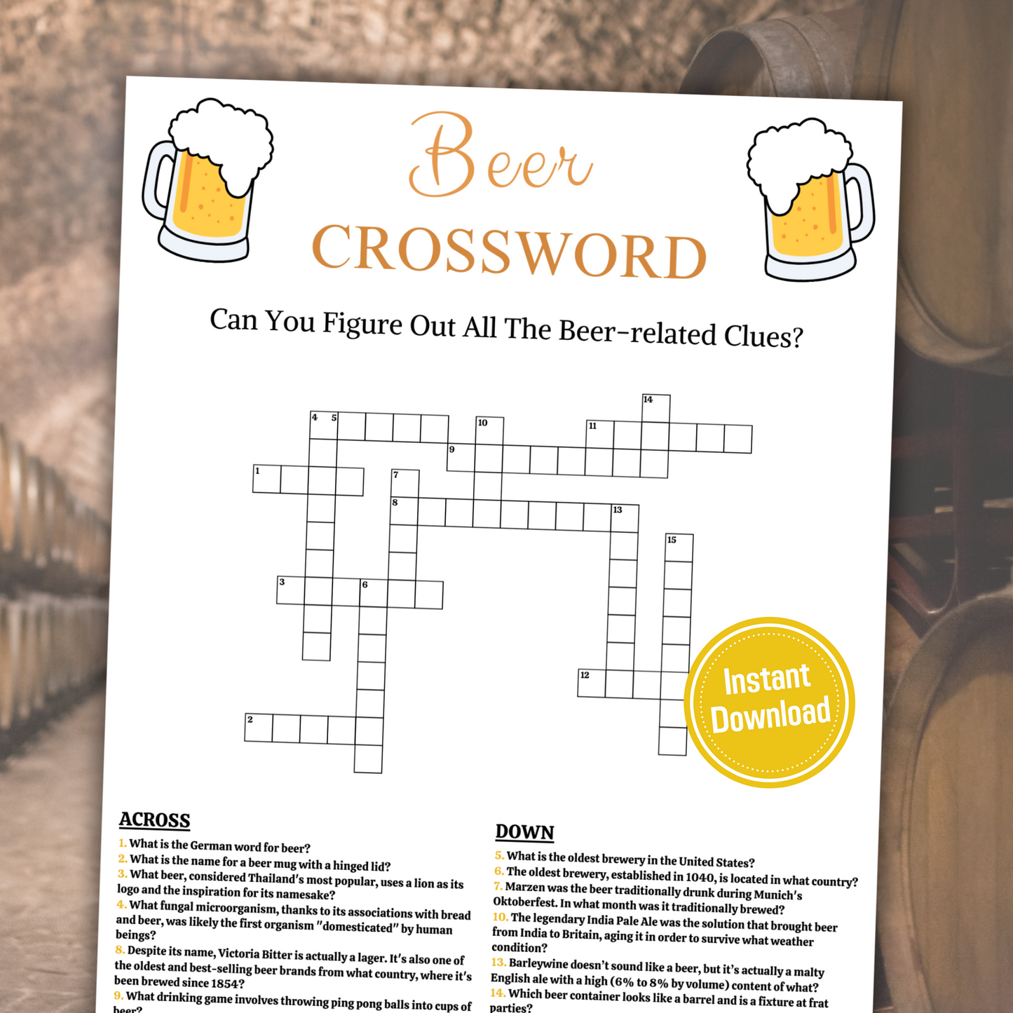 Beer Crossword Game | Printable Beer Party Crossword Puzzle