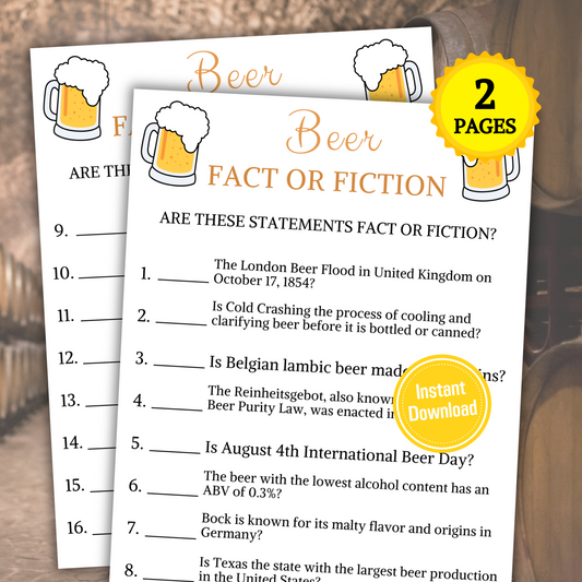 Beer Fact or Fiction Game | Printable Beer Trivia True Or False Game