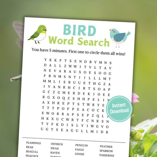 Bird Word Search Game | Minimalist Bird Party Word Find Game