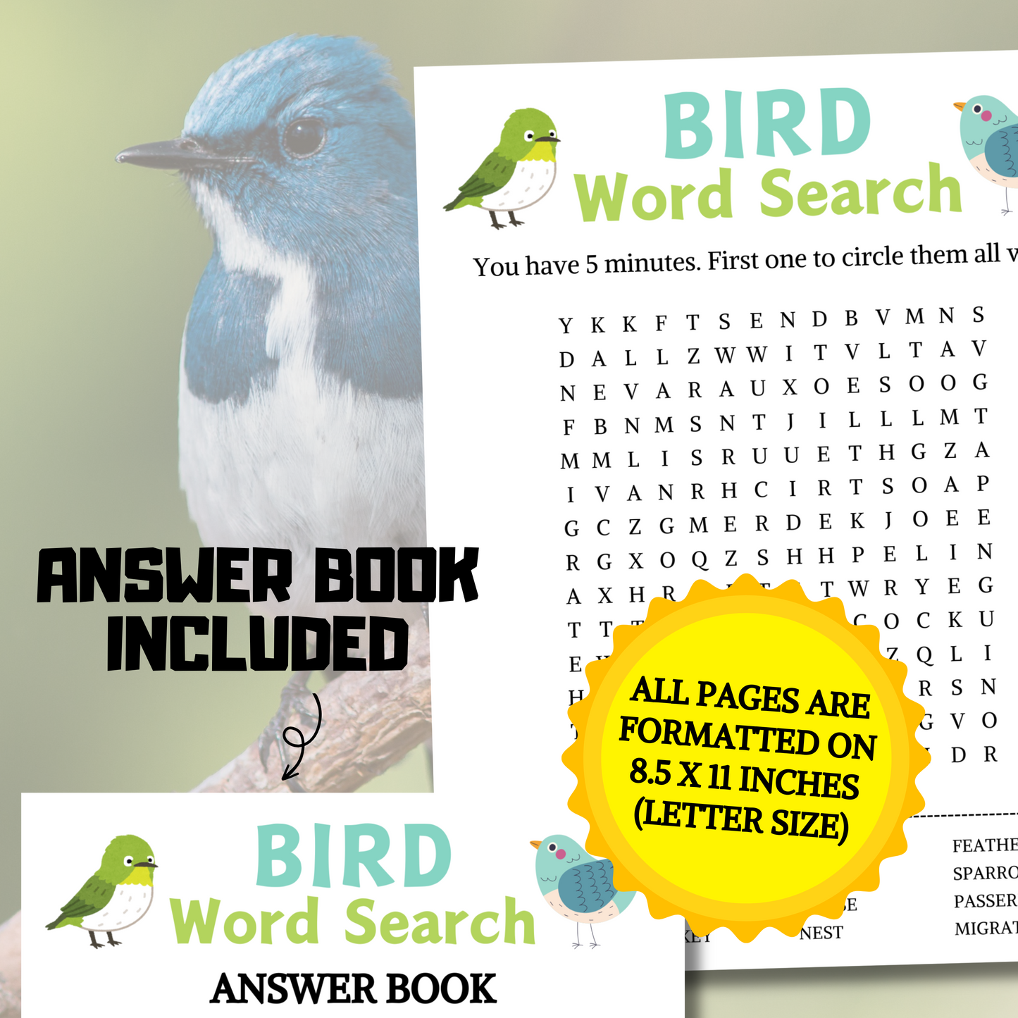 Bird Word Search Game | Minimalist Bird Party Word Find Game