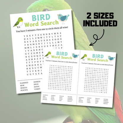 Bird Word Search Game | Minimalist Bird Party Word Find Game