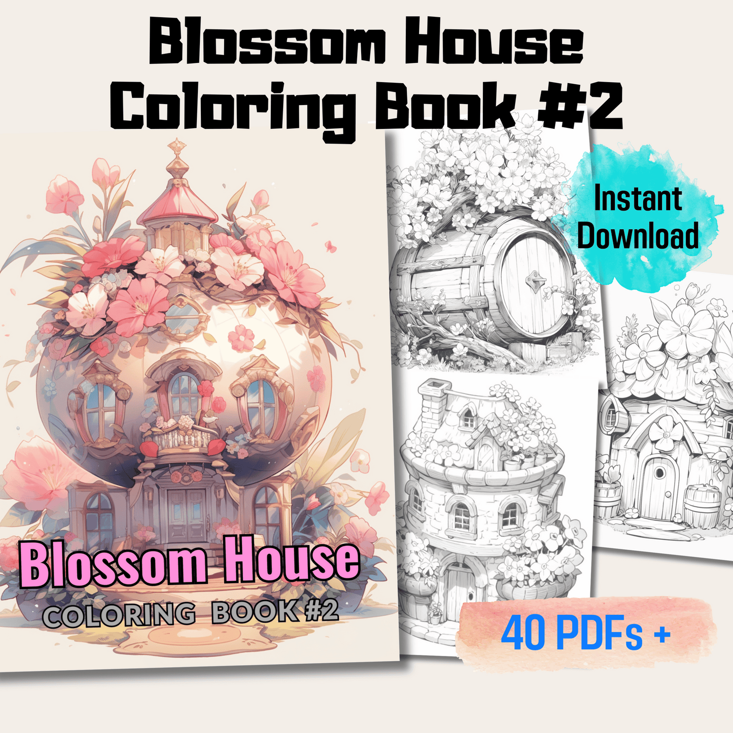 Blossom Fairy Houses Coloring Book, Ideal Gift for Art Lovers and Fairy Enthusiasts, Printable PDF