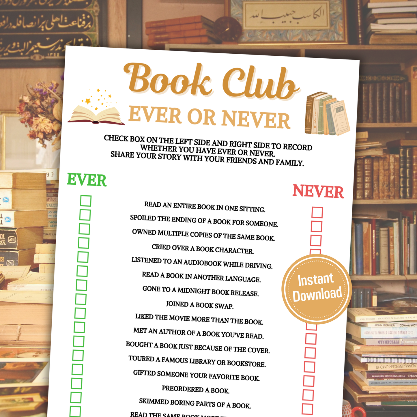 Book Club Ever Or Never Game | Book Club Party Never Have I Ever Game