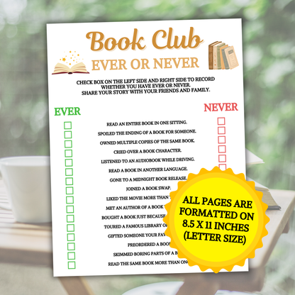 Book Club Ever Or Never Game | Book Club Party Never Have I Ever Game
