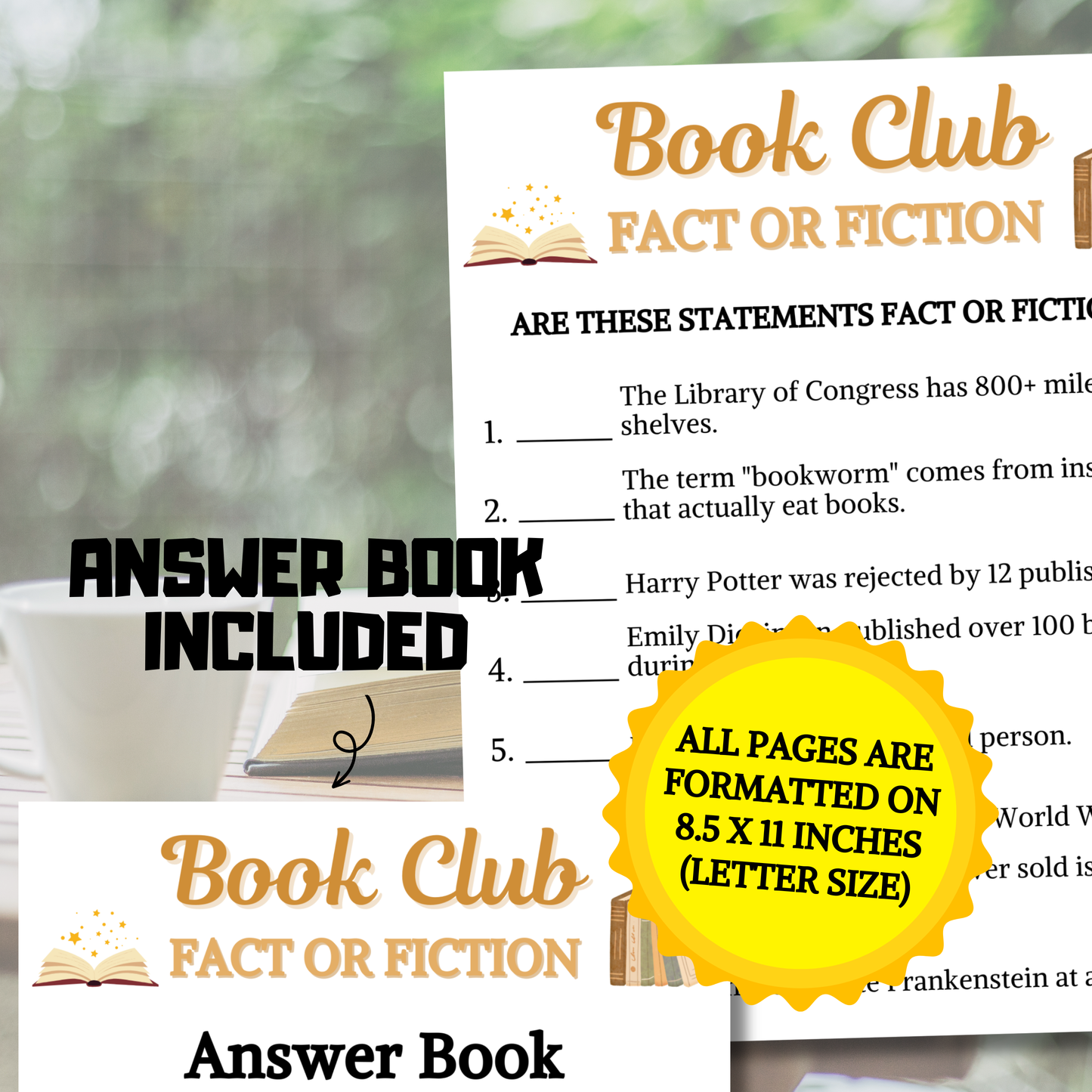 Book Club Fact or Fiction Game | Printable Book Club Trivia True Or False Game