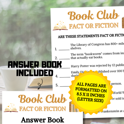 Book Club Fact or Fiction Game | Printable Book Club Trivia True Or False Game