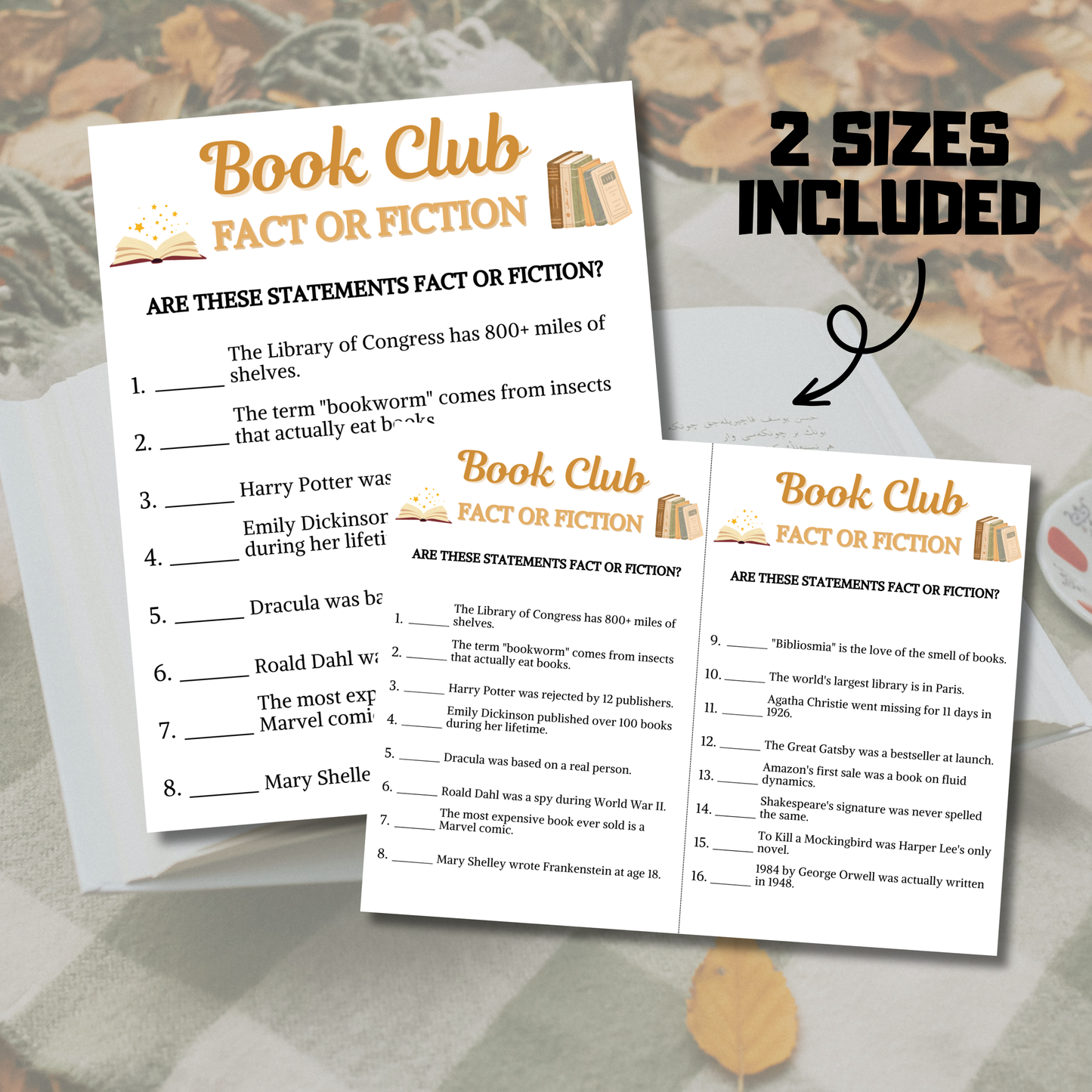 Book Club Fact or Fiction Game | Printable Book Club Trivia True Or False Game
