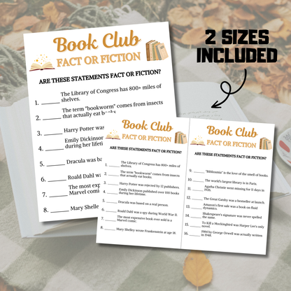 Book Club Fact or Fiction Game | Printable Book Club Trivia True Or False Game