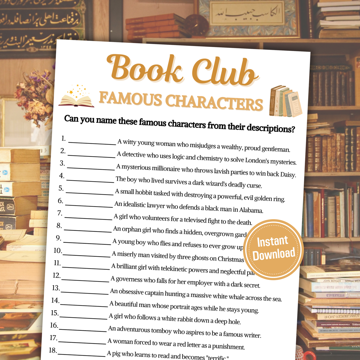 Book Club Famous Characters Game | Literary Character Match Up Quiz