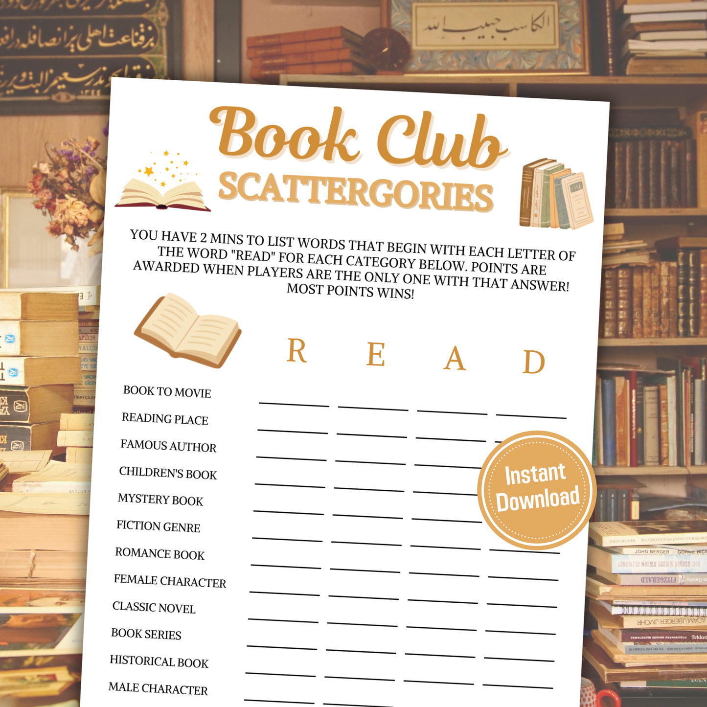 Book Club Scattergories Game | Minimalist Book Club Think Fast Game