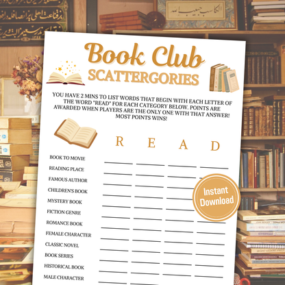 Book Club Scattergories Game | Minimalist Book Club Think Fast Game