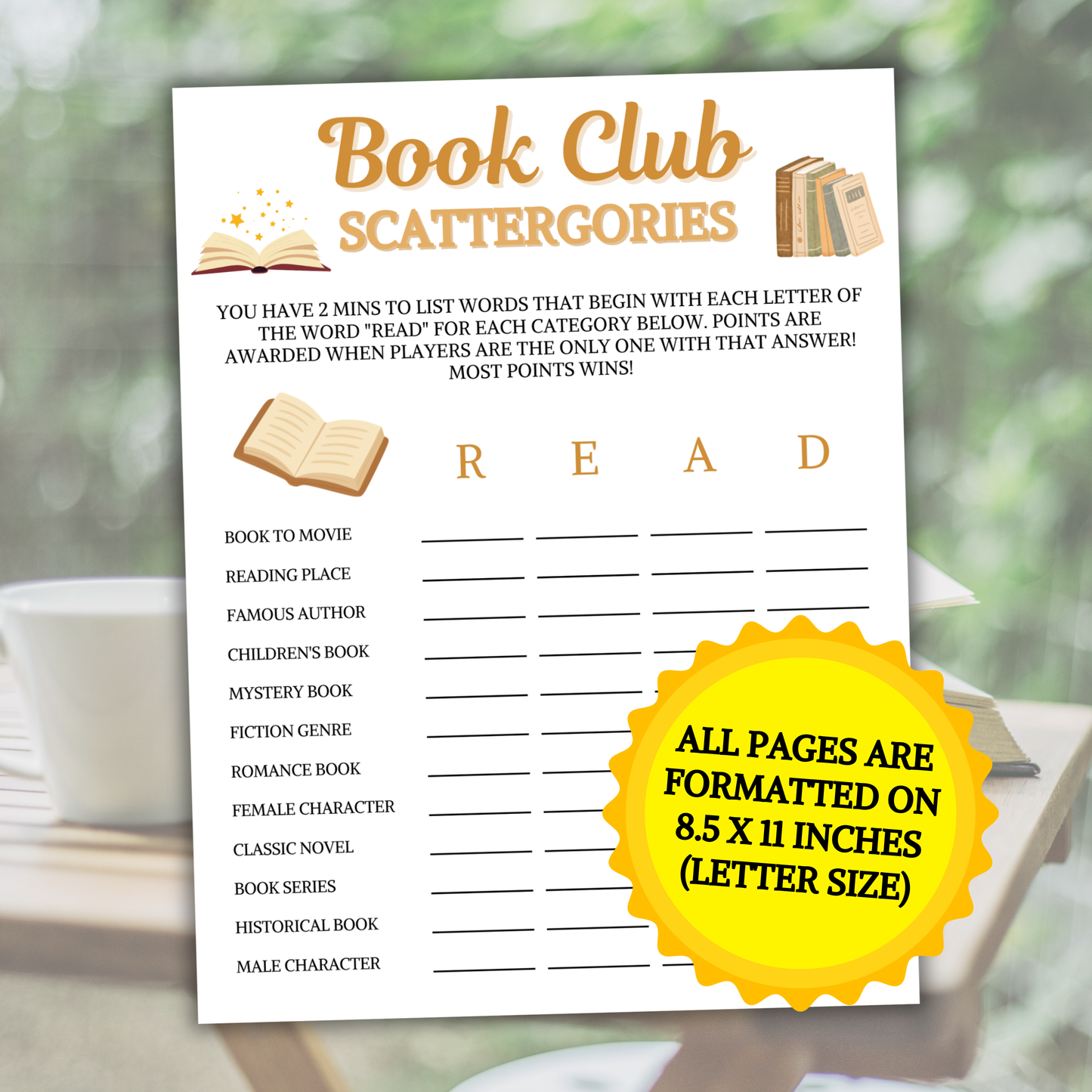 Book Club Scattergories Game | Minimalist Book Club Think Fast Game