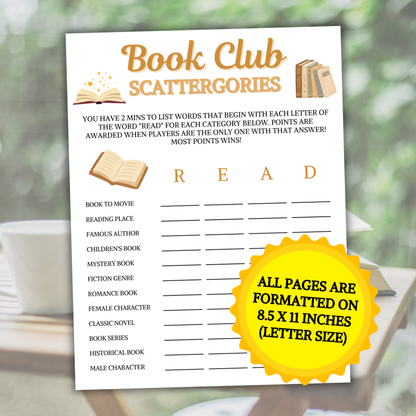 Book Club Scattergories Game | Minimalist Book Club Think Fast Game