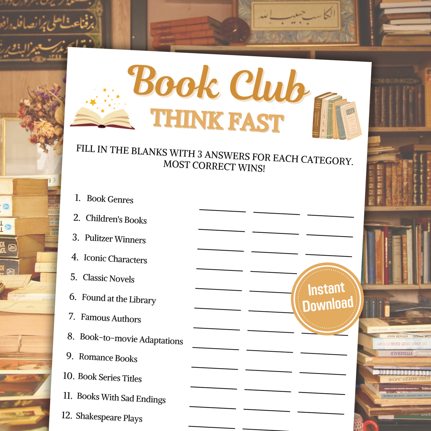 Book Club Think Fast Game | Book Club Word Finding Game
