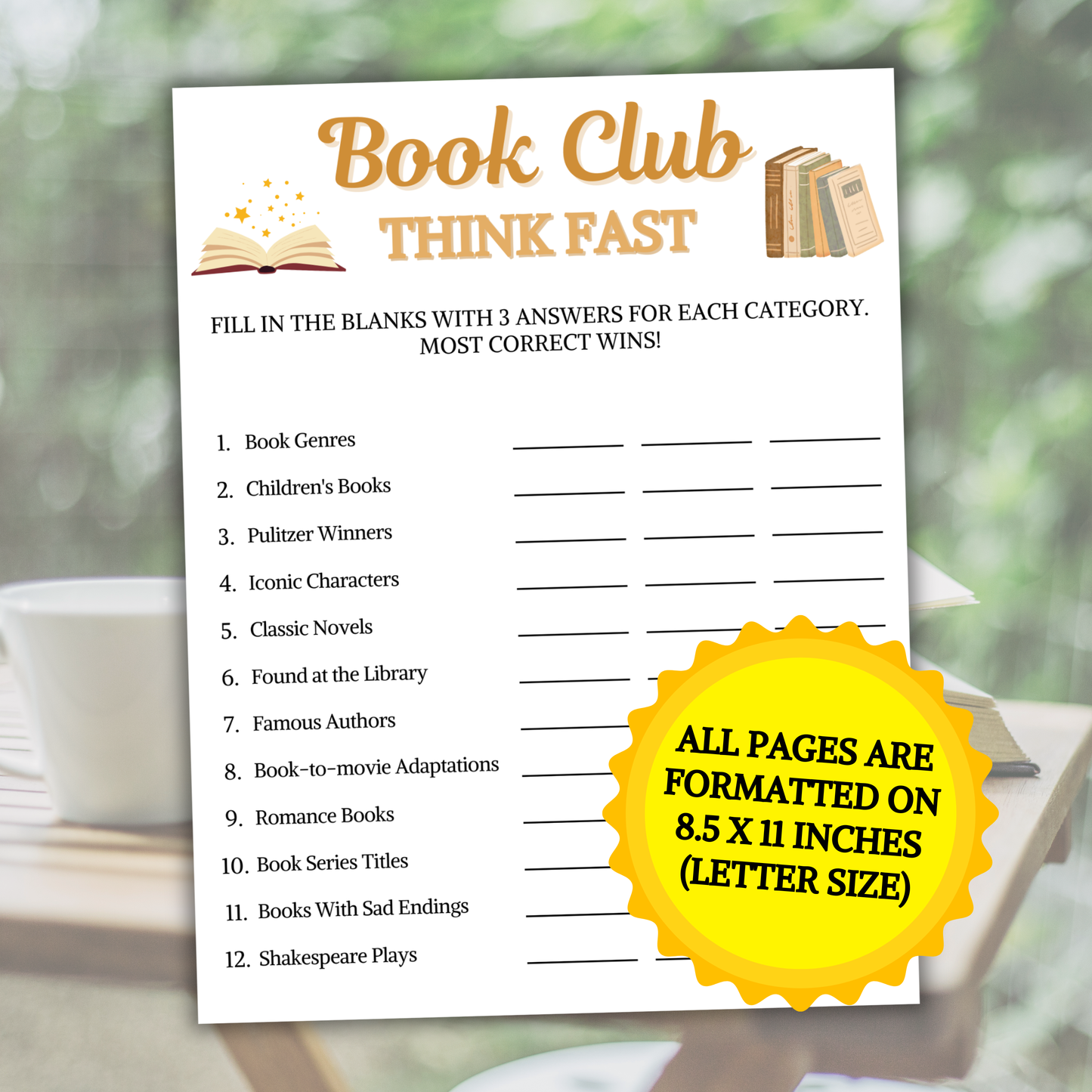 Book Club Think Fast Game | Book Club Word Finding Game