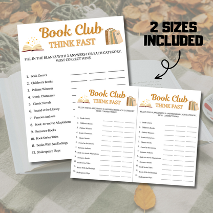 Book Club Think Fast Game | Book Club Word Finding Game