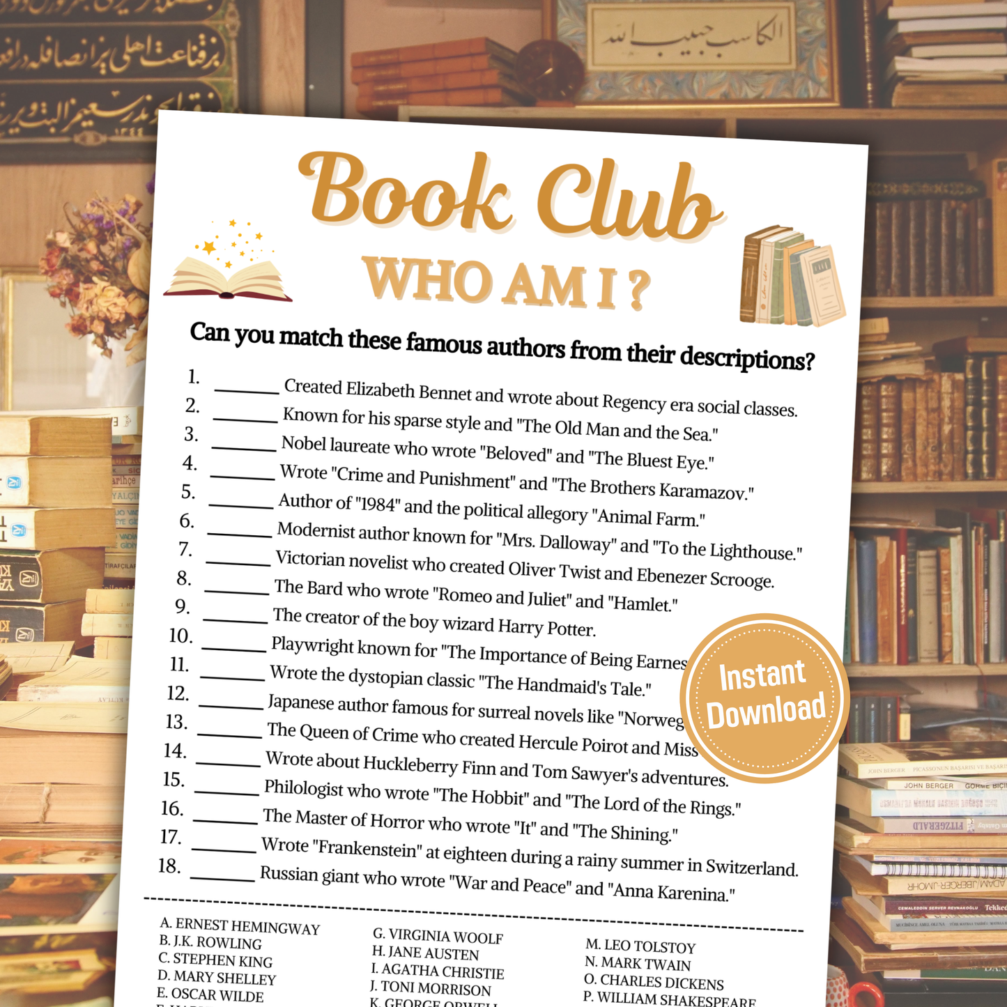 Book Club Who Am I Game | Book Club Guess The Writer Game Printable
