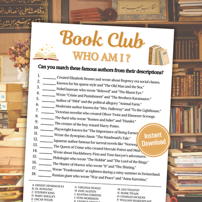 Book Club Who Am I Game | Book Club Guess The Writer Game Printable