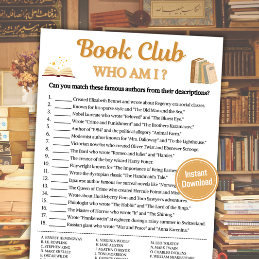 Book Club Who Am I Game | Book Club Guess The Writer Game Printable