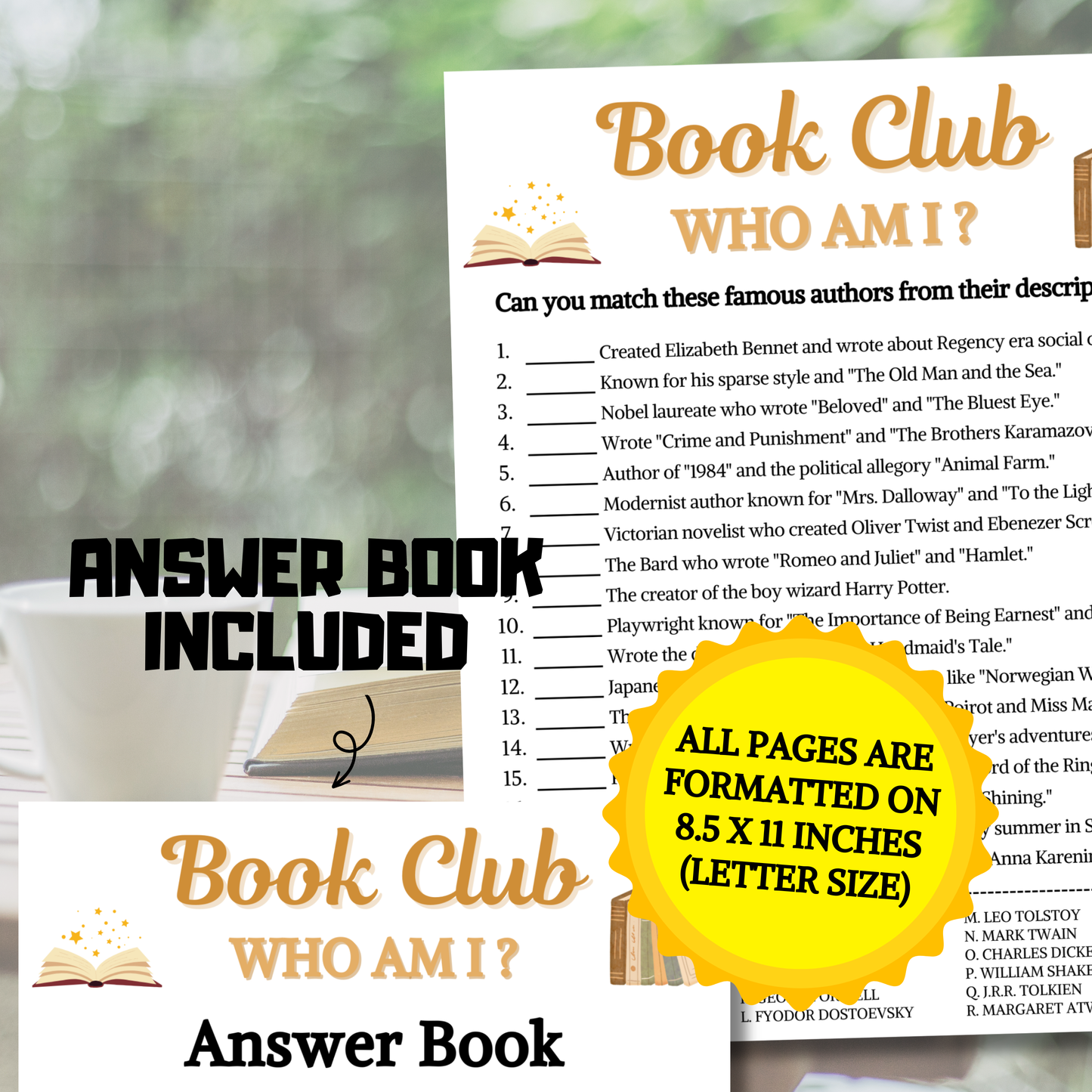 Book Club Who Am I Game | Book Club Guess The Writer Game Printable