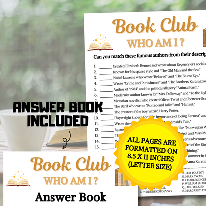 Book Club Who Am I Game | Book Club Guess The Writer Game Printable