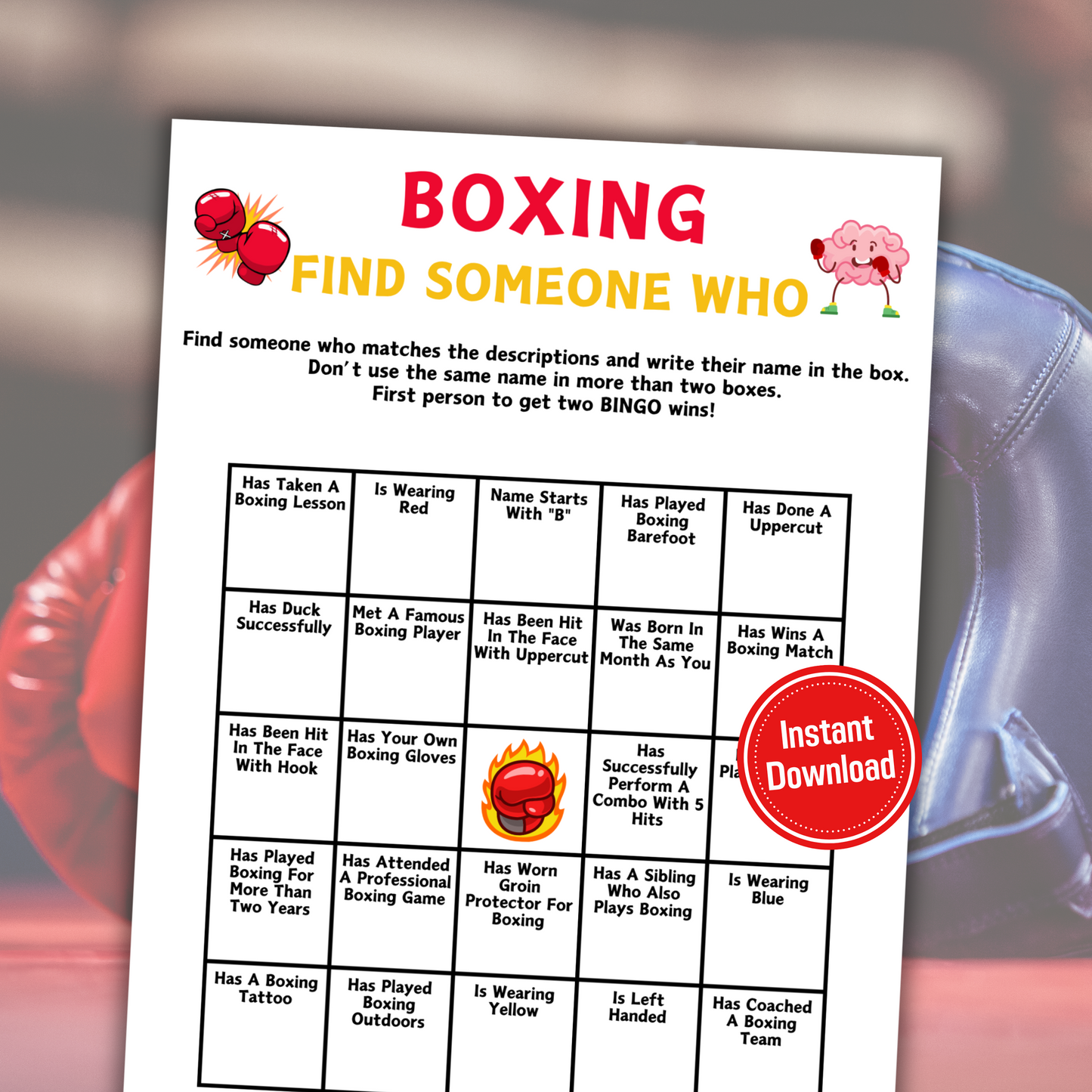 Boxing Find Someone Who Game | Printable Boxing Find The Guest Bingo