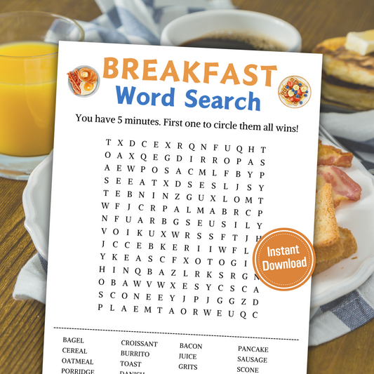 Breakfast Word Search Game | Minimalist Breakfast Party Word Find Game